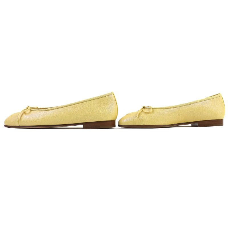 CHANEL 19S G02819 Ballerina Coco Mark Ribbon Leather Flat Pumps Shoes Yellow 37