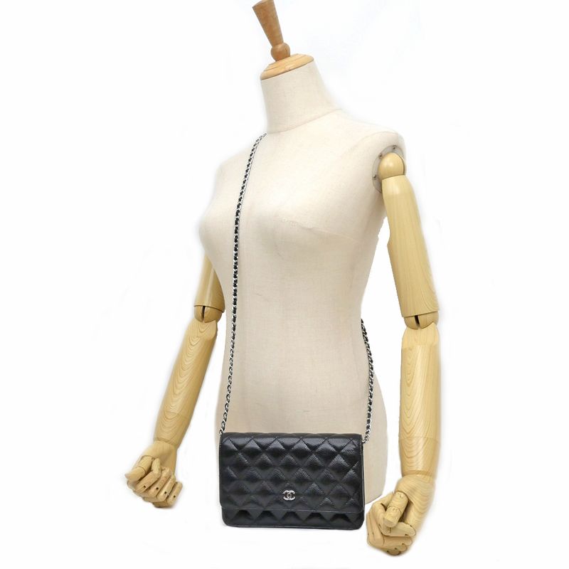 Chanel A33814 Chain Wallet Shoulder Bag Caviar Skin Black Silver-hardwar