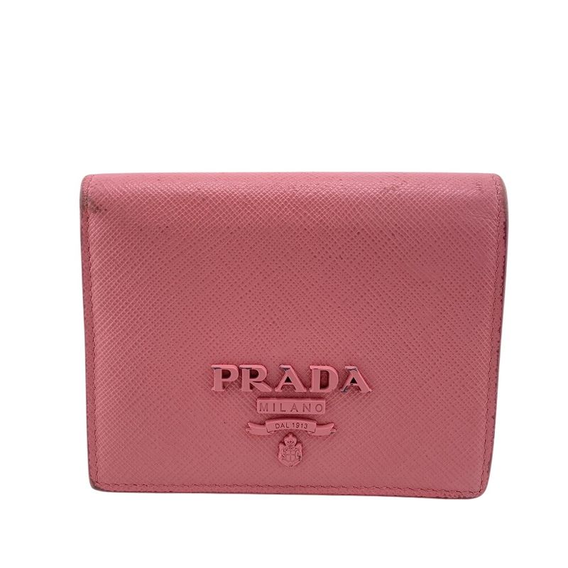Prada Saffiano Leather Bifold Wallet Brand Coin Purse Bill Pink Ladies