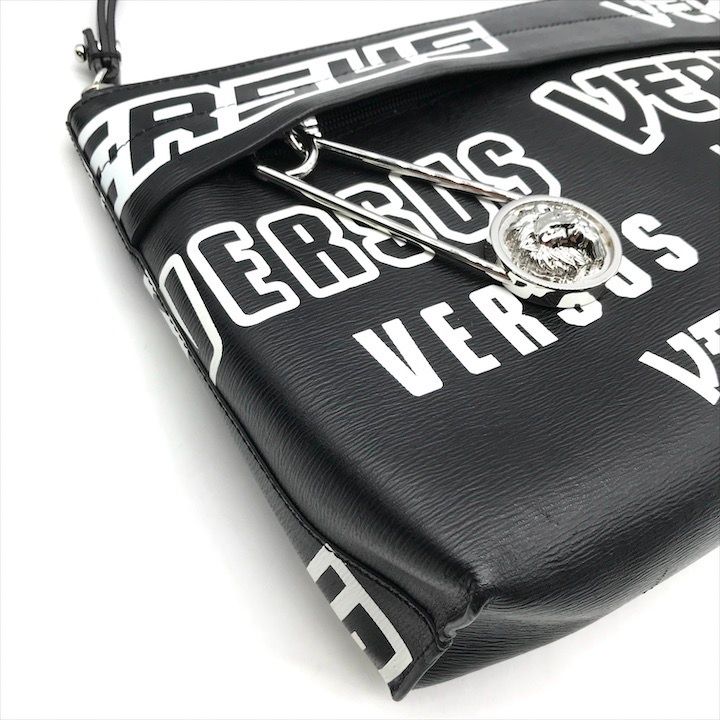 Versace Lion Logo Strap Pouch Clutch Second Black Leather