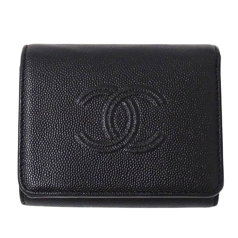 Chanel Wallet Trifold Caviar Leather Black Silver CC Logo Mini Small