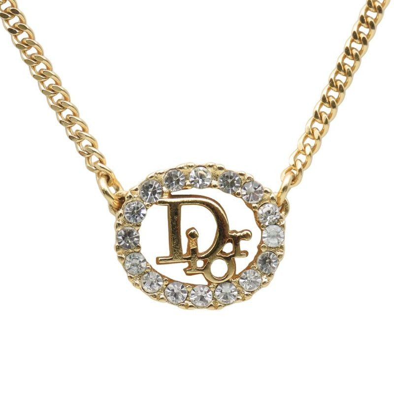 Christian Dior Necklace Metal Rhinestone Gold CD Logo GP Accessories