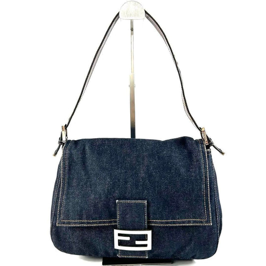 FENDI Mamma Zucca Bucket Denim Baguette Shoulder Flap Bag Purse Tote
