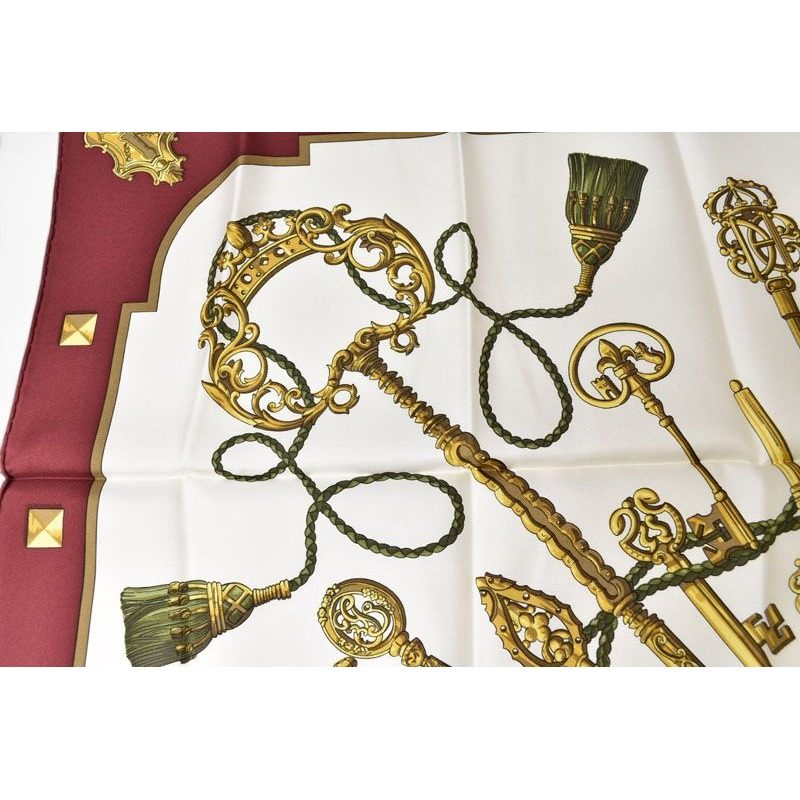 Hermes Scarf Carre 90 les Cles Key Pattern Silk Gold White Vintage — view 7