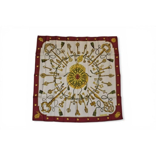 Hermes Scarf Carre 90 les Cles Key Pattern Silk Gold White Vintage