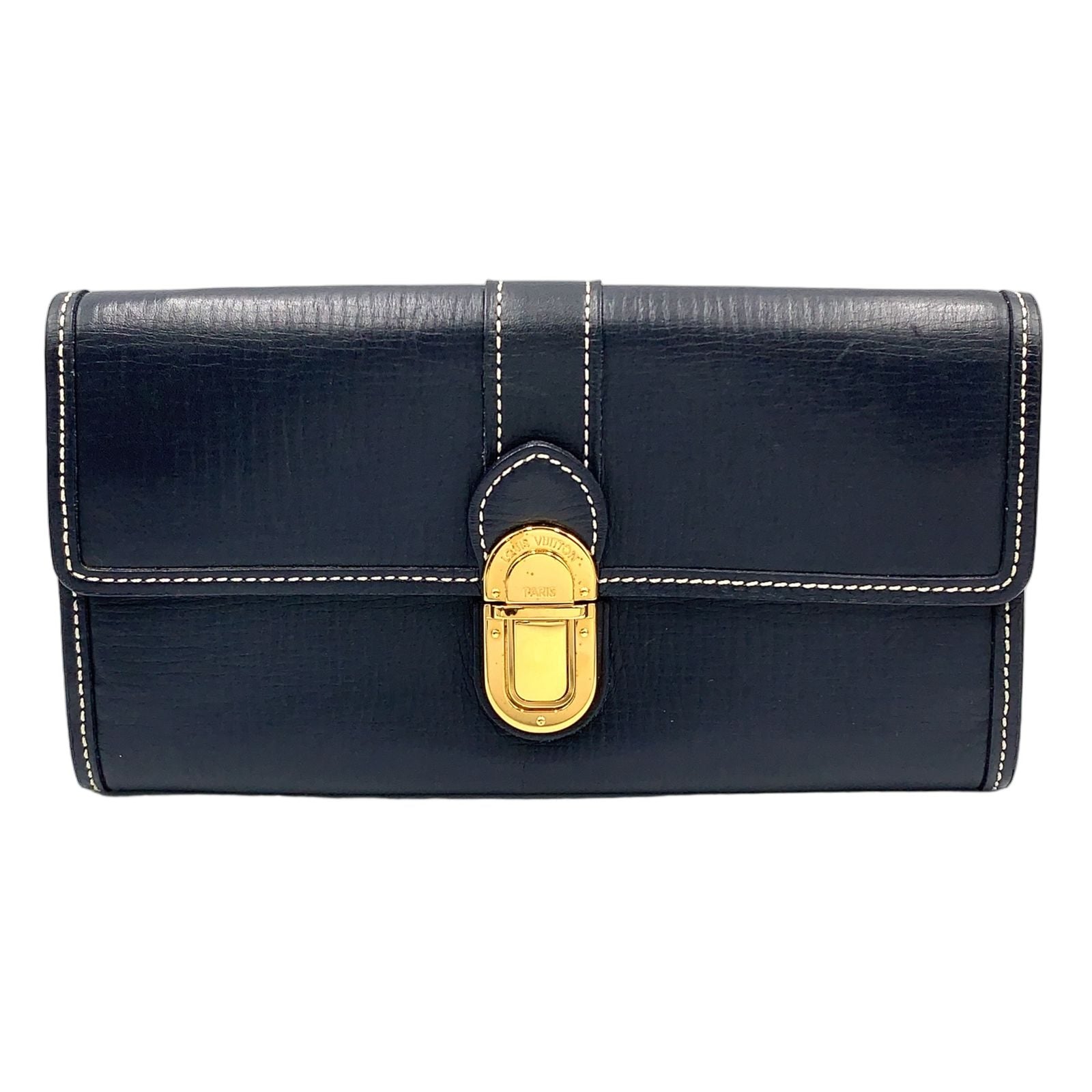 Louis Vuitton Portefeuille Sarah Cuir Utah Initials Leather Navy Wallet Gold