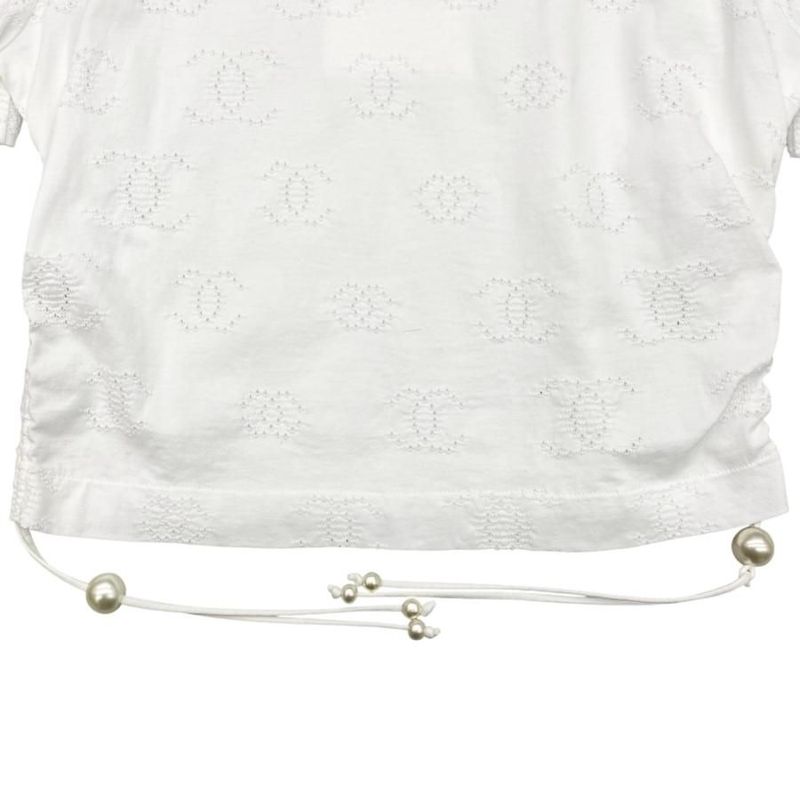 Chanel Short Sleeve T-Shirt Coco Mark Pearl Cropped Length P72733 M Size Cotton