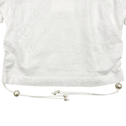Chanel Short Sleeve T-Shirt Coco Mark Pearl Cropped Length P72733 M Size Cotton