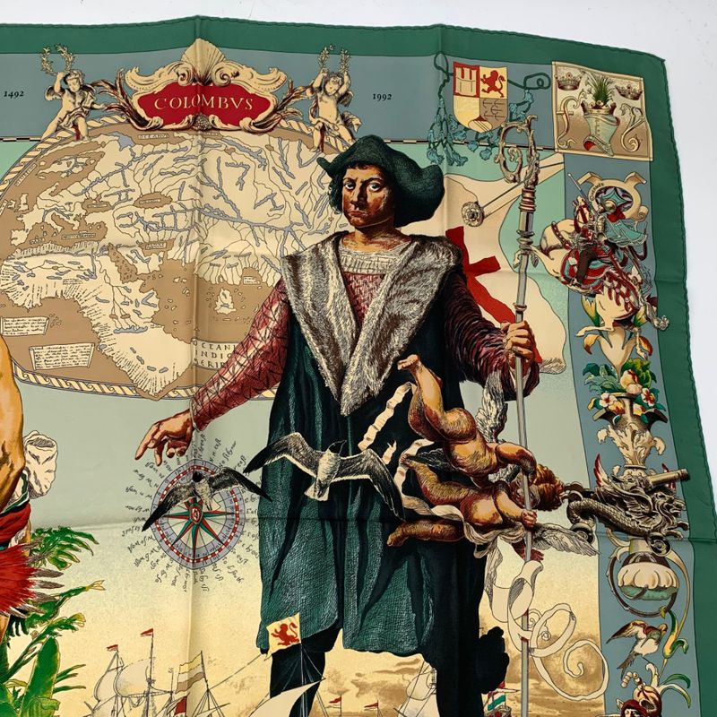 Hermes Carre 90 Les Ameriques Americas Columbus Scarf Green