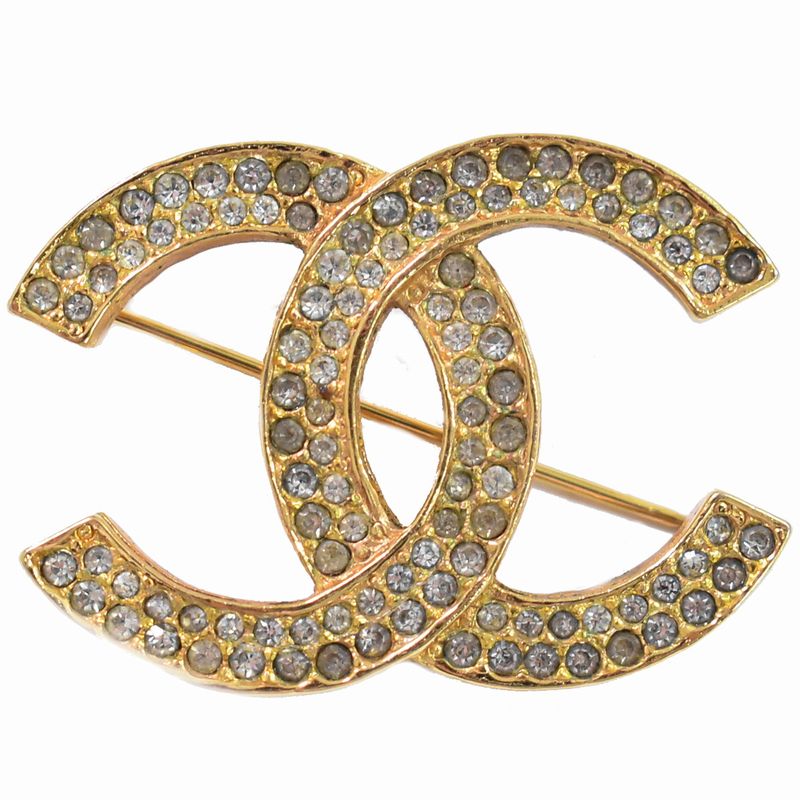 Authentic Chanel Coco Mark Rhinestone Brooch GP Gold Plated Coco Mark Accessorie