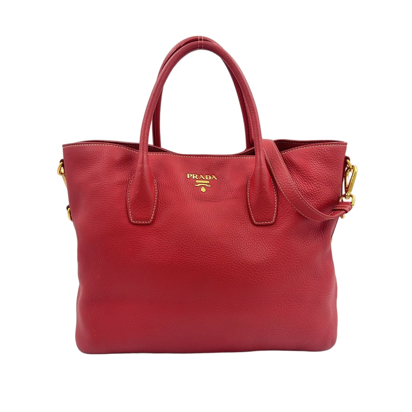 Prada Vitello Dyno 2-Way Shoulder Leather Red Tote Gold