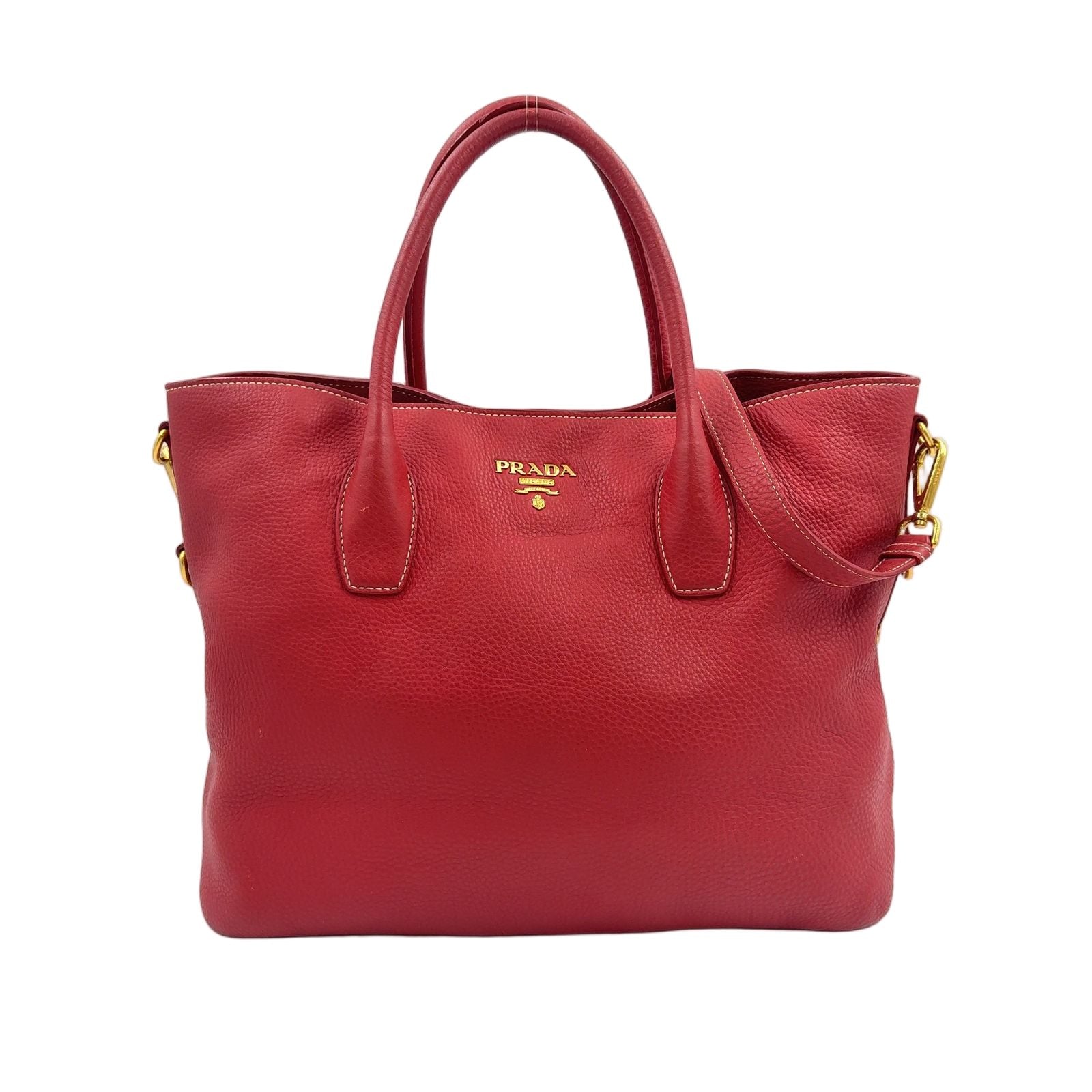 Prada Vitello Dyno 2-Way Shoulder Leather Red Tote Gold