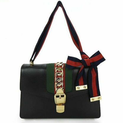 Gucci Shoulder Bag Sylvie Small Webline Leather Black Gold Hardware