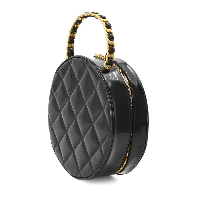 Chanel Matelasse Round Vanity Hand Bag Enamel Black White Vintage Gold Hardware