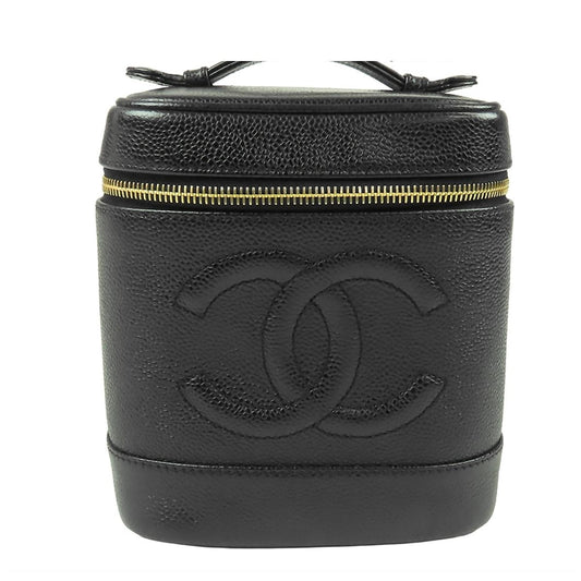 Chanel Vanity Bag Black Gold Caviar Leather CC Logo Handbag