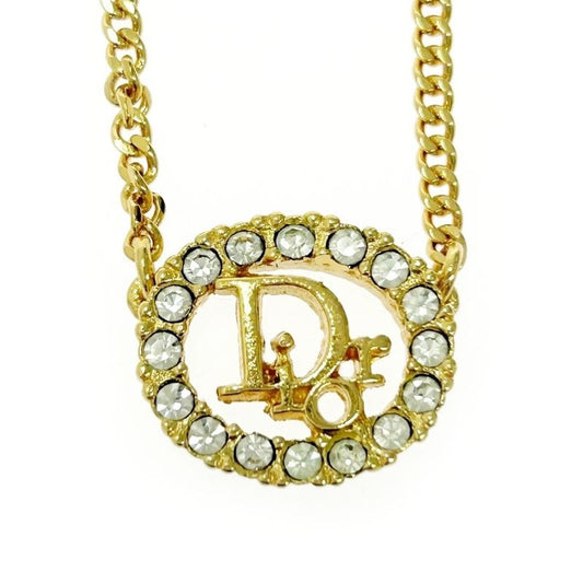 Christian Dior GP Rhinestone Logo Oval Necklace Gold