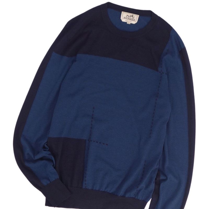 Hermes Knit Sweater Long Sleeve Cashmere Made In Italy Top Men's S Blue Navy