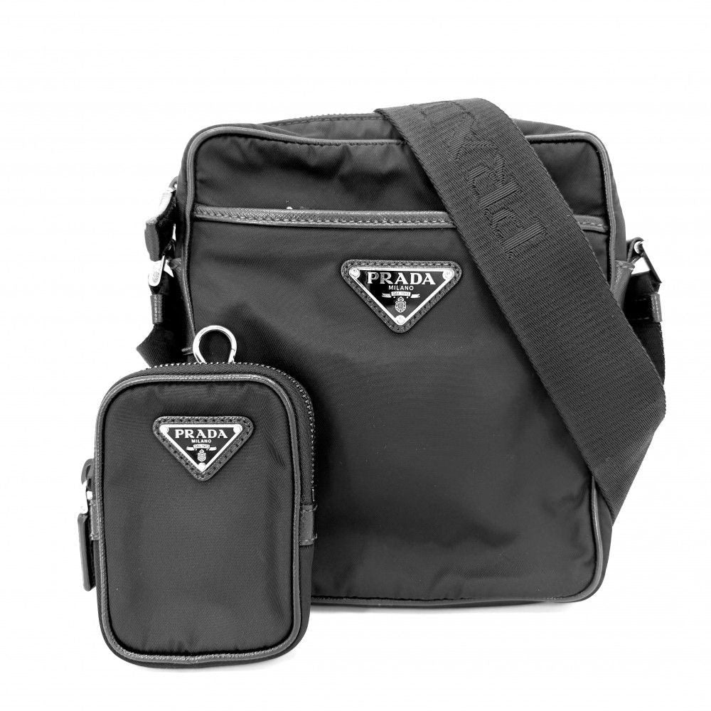 Prada Shoulder Bag Crossbody Triangle Logo Nylon Black Silver