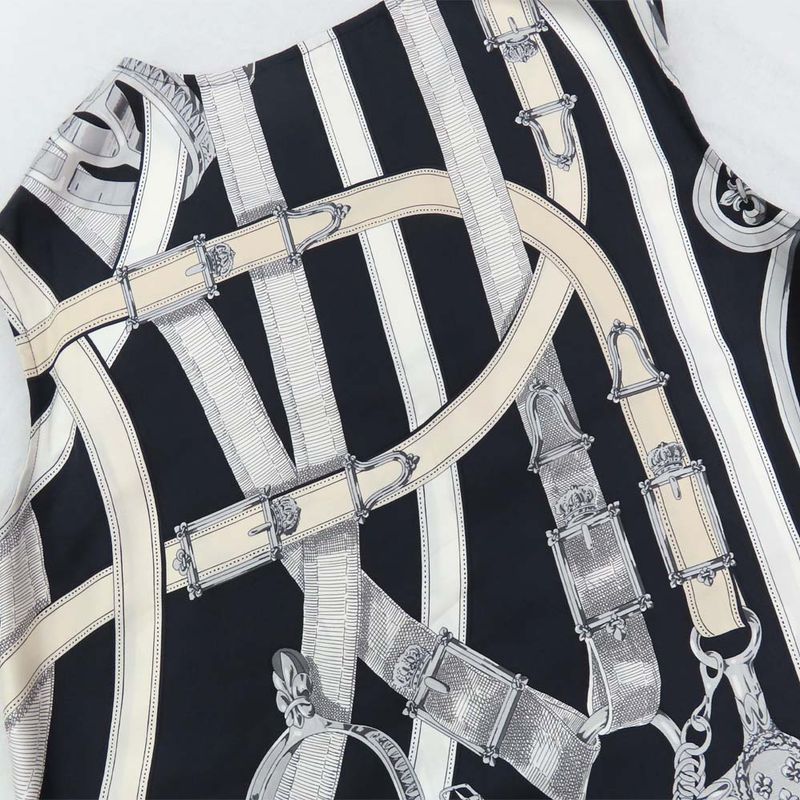 Hermes Sleeveless Tunic Silk Belt Pattern 42 Navy-white Black Tops