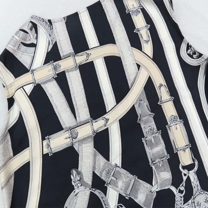 Hermes Sleeveless Tunic Silk Belt Pattern 42 Navy-white Black Tops