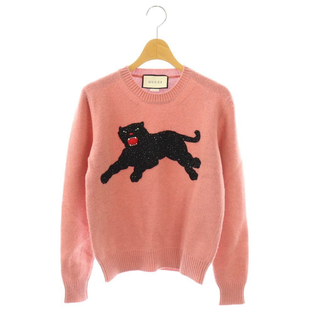 Gucci Panthere Knit Sweater Long Sleeve Embroidery Wool XS Pink