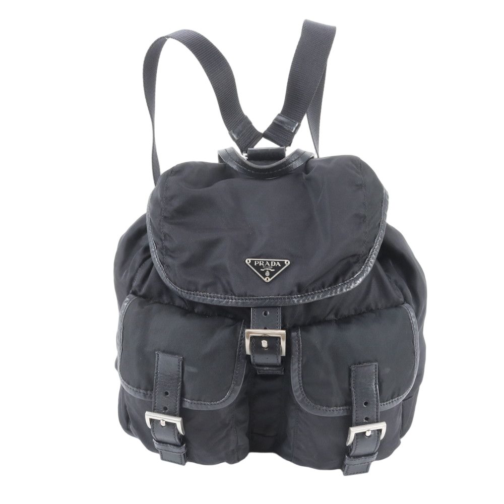 Prada Tessuto Nylon Triangle Logo Leather Backpack Black