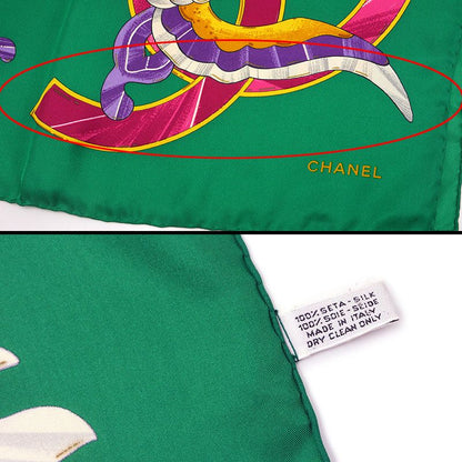 Chanel Silk Scarf Green Flower Floral Pattern Butterfly Coco Mark
