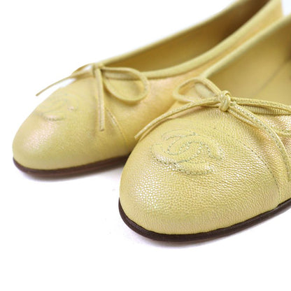 CHANEL 19S G02819 Ballerina Coco Mark Ribbon Leather Flat Pumps Shoes Yellow 37