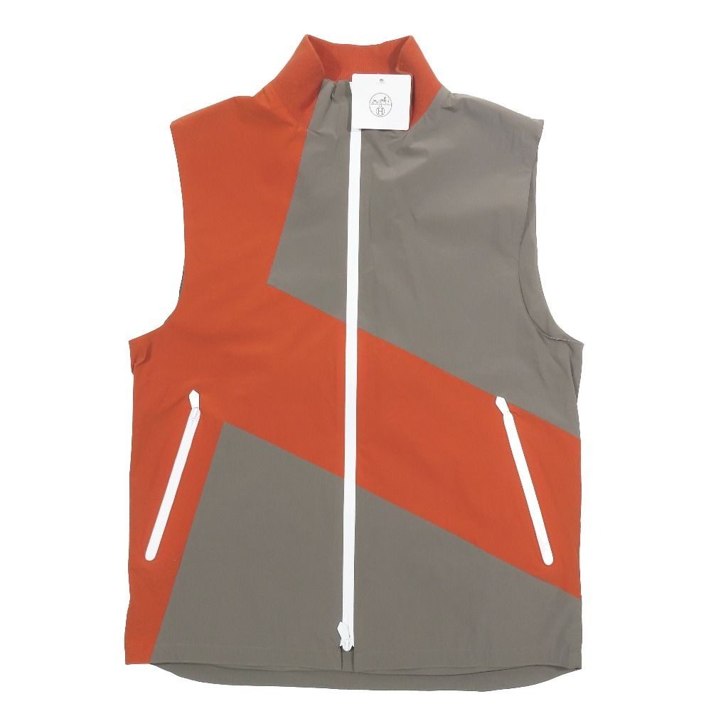 Hermes Logo Bicolor Nylon Vest Sleeveless Jacket Double Zip Gilet 50 Orange Gray