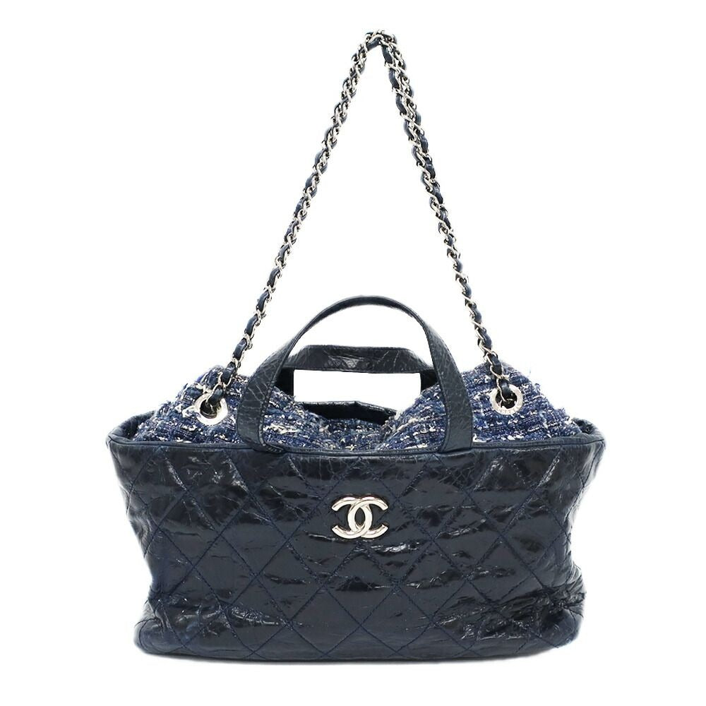 Chanel Portobello 2-Way Bag Chain Bag Handbag Navy Silver Leather Tweed Bag