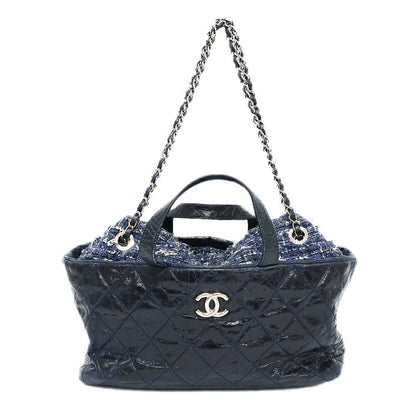 Chanel Portobello 2-Way Bag Chain Bag Handbag Navy Silver Leather Tweed Bag