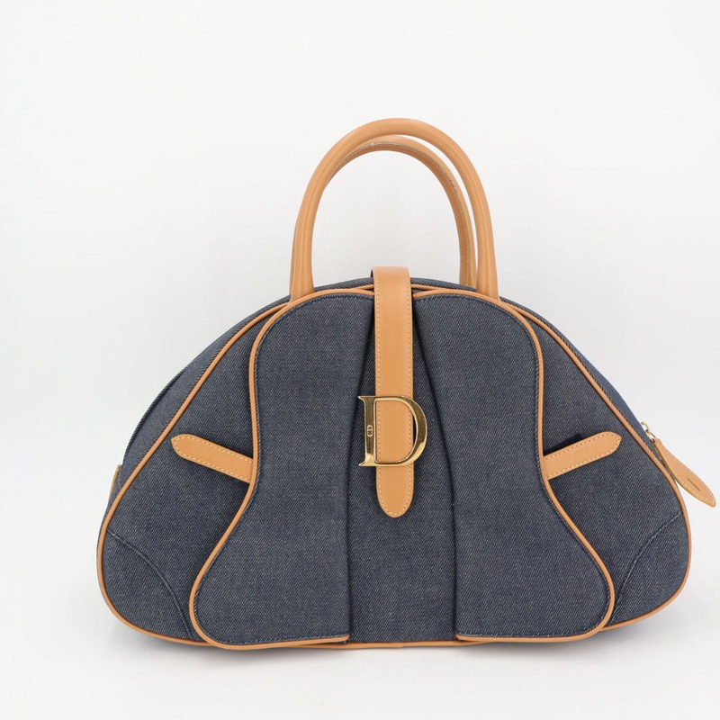 Christian DIOR Saddle Double Mini Boston Bag Denim Handbag