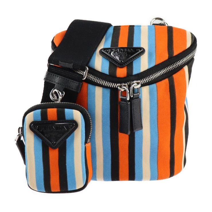 Prada Shoulder Bag 2 Vh147 Canvas Leather Orange Blue Ivory Black Silver