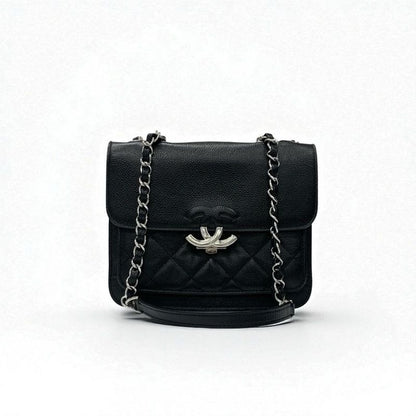 Chanel Bag Shoulder Caviar Leather Black Silver Quilted Half