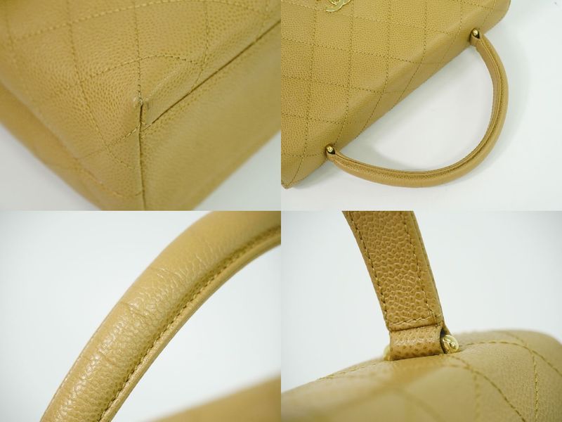 Authentic Chanel Coco Mark Matelasse Turnlock Handbag Caviar Skin Leather Beige