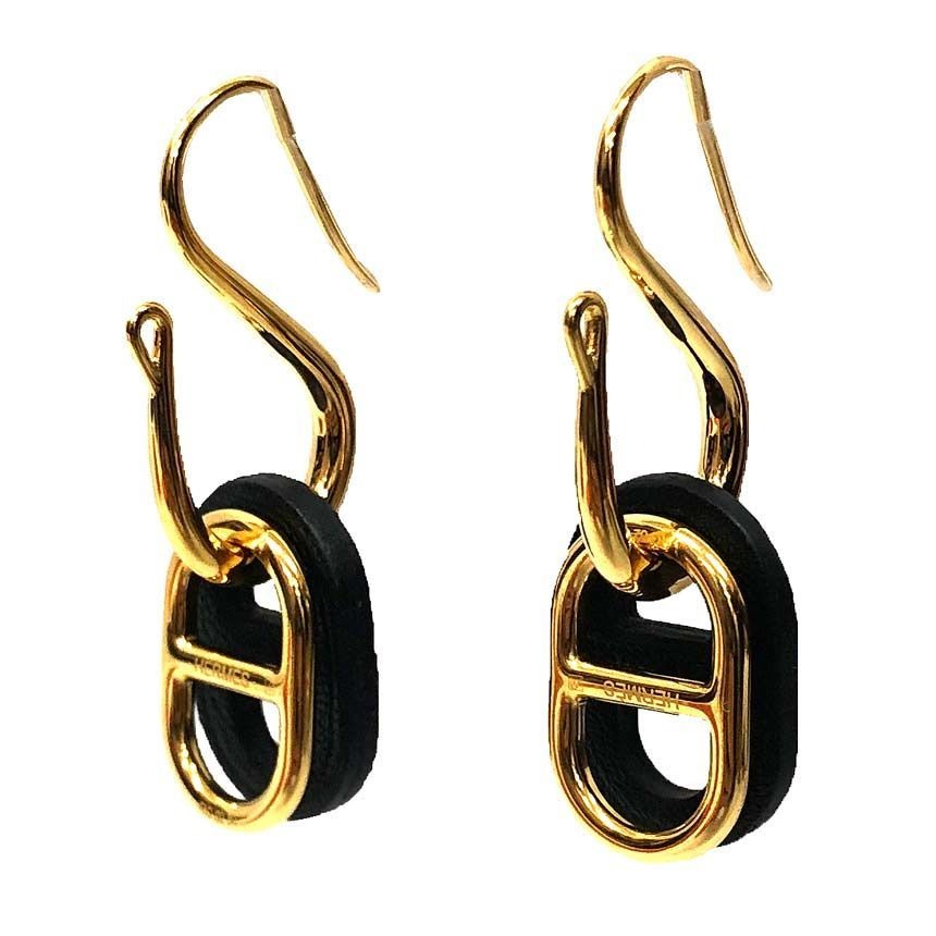 Hermes Au Maillon Chaine D'ancre Swing Earrings Gold Black New Vintage