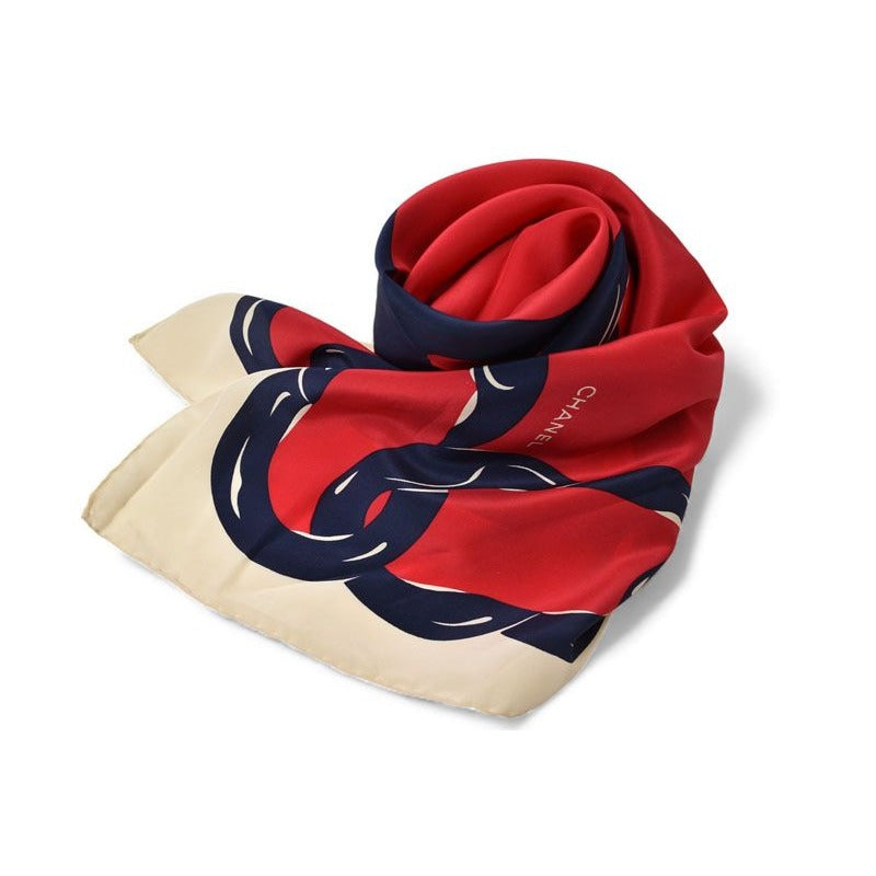 Chanel Scarf Shawl Vintage Coco Mark Chain Pattern Silk White Red — view 2