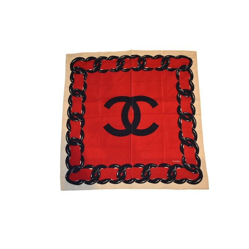 Chanel Scarf Shawl Vintage Coco Mark Chain Pattern Silk White Red