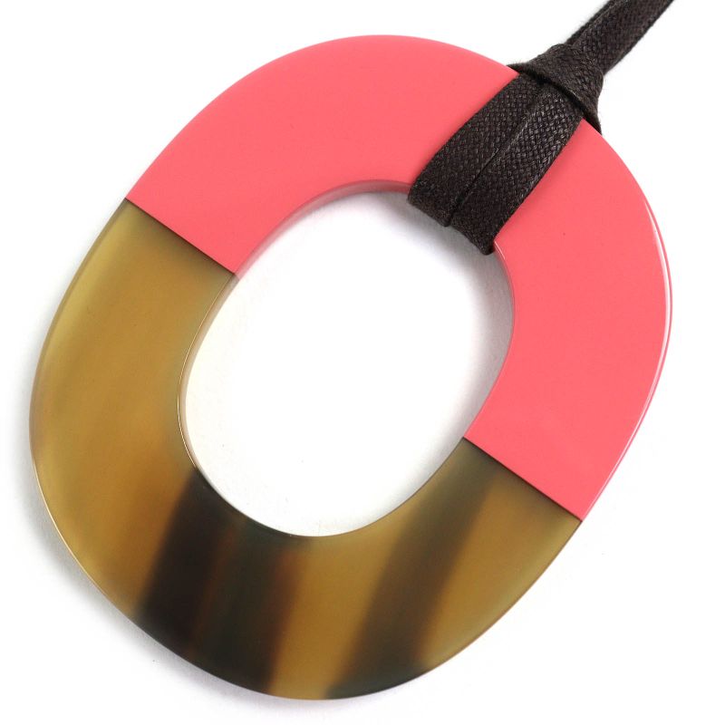 Hermes Ism Bicolor Pendant Necklace Buffalo Horn Lacquer Wood Beige Pink Ladies