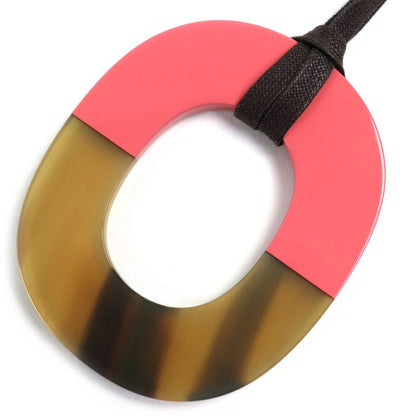 Hermes Ism Bicolor Pendant Necklace Buffalo Horn Lacquer Wood Beige Pink Ladies