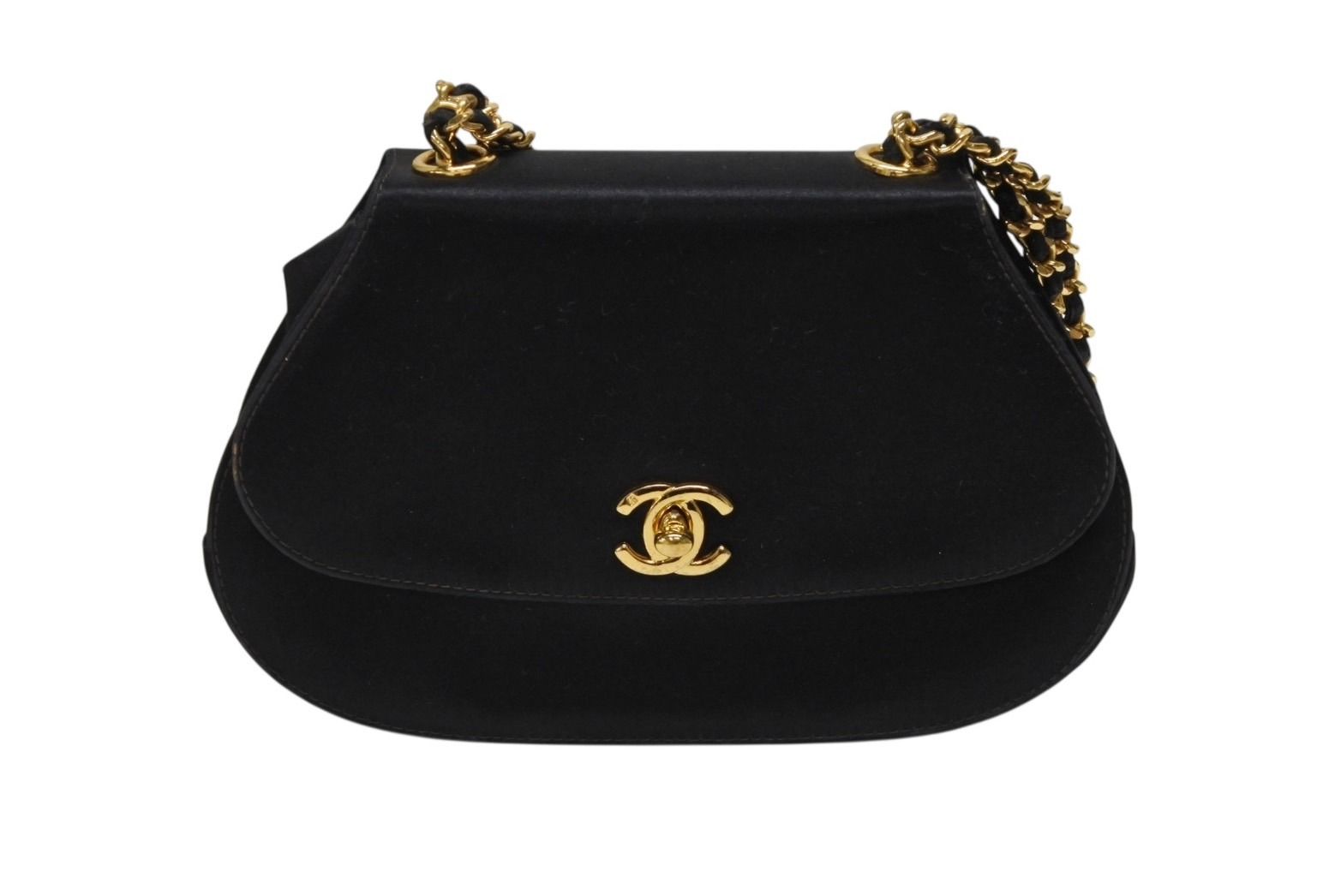 Chanel Half Moon Chain Bag CC Logo Satin Leather Black Gold — view 2