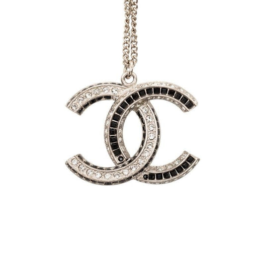 Chanel CC Logo Line Stone Necklace Silver Black Metal