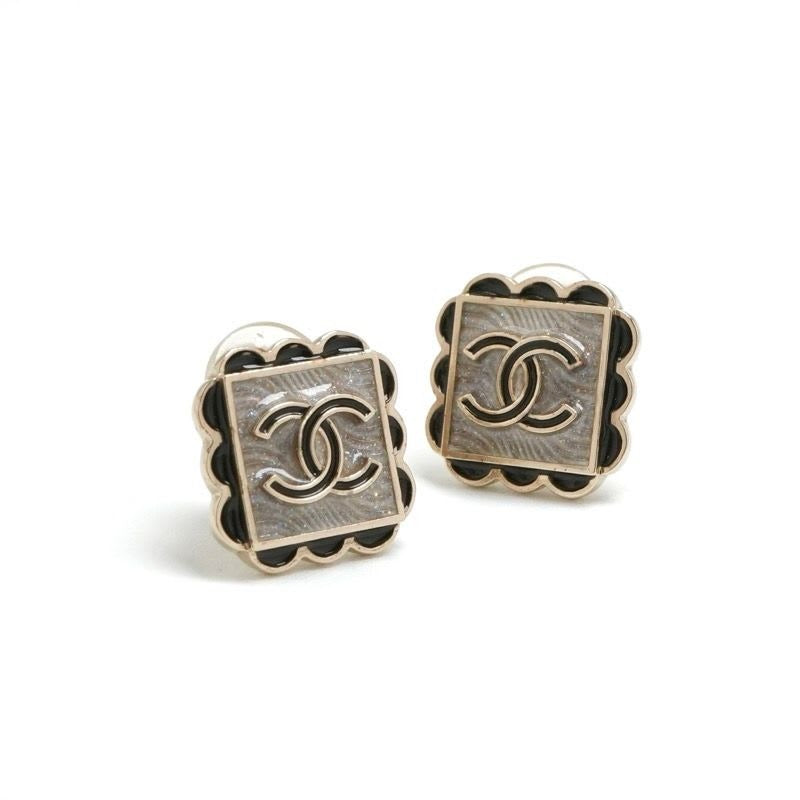 Chanel Earrings Gold Black Gray Coco Mark