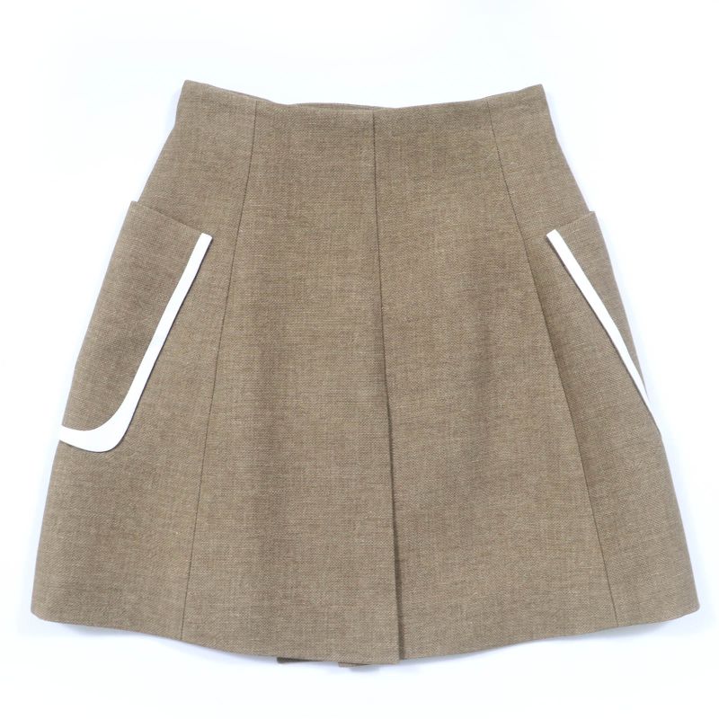 Fendi Fq7097 Wool Silk Leather Use FF Calligraphy Button Trapezoid Skirt Mini