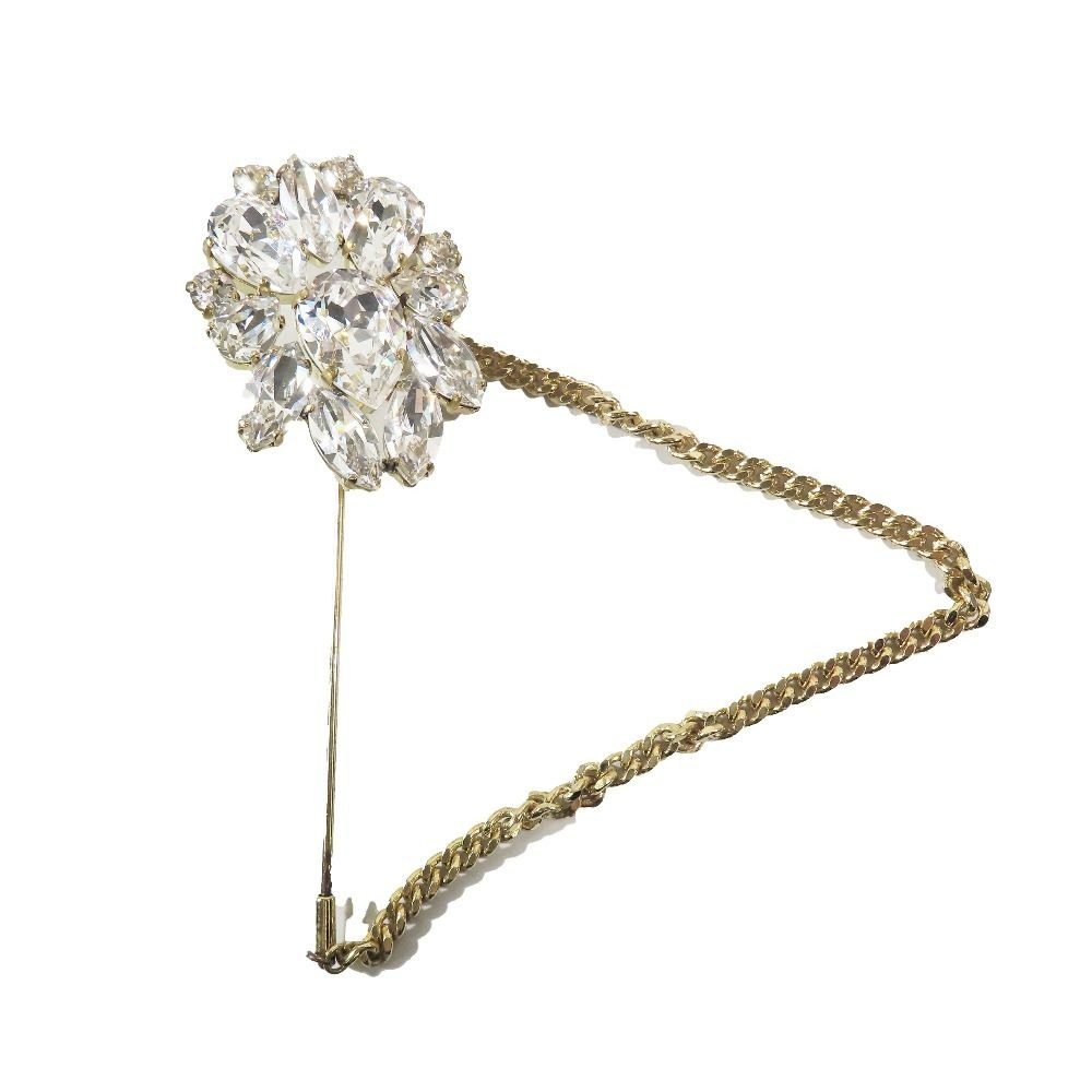 Dolce & Gabbana Crystal Bijou Brooch Lapel Pin Chain Corsage Gold