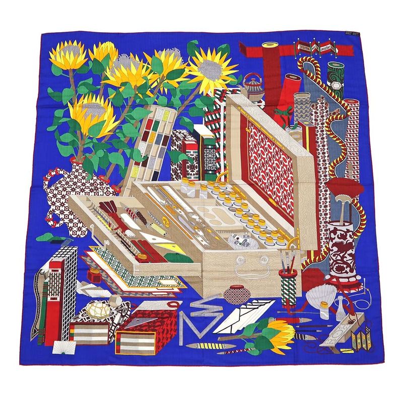 Hermes Carre 140 LES Tresors D UN Artiste Scarf Cashmere Silk Blue