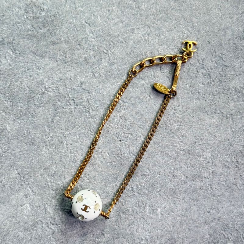 Chanel Rhinestone Soccer Ball Vintage Bracelet 98p Gold White