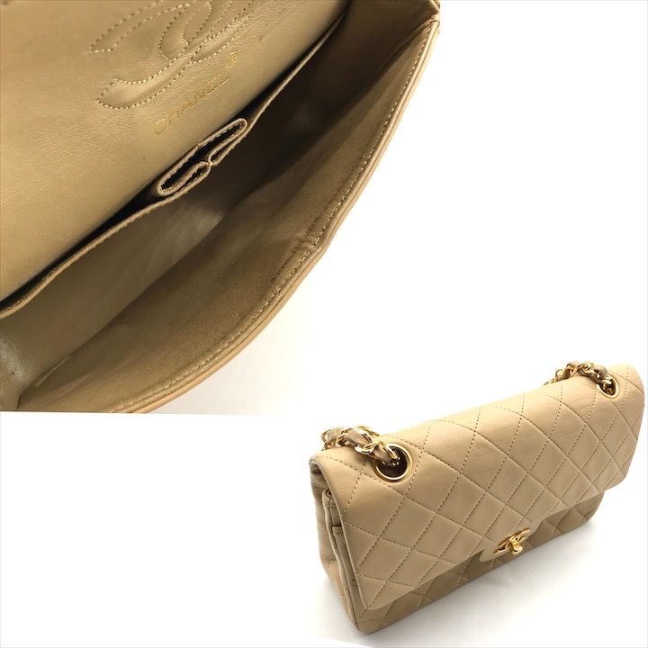 Chanel CC Logo Quilted Double Flap Chain Lambskin Shoulder Bag Beige