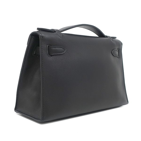 Hermes Handbag Pochette Kelly Evergrain Black Silver Hardware Black Mini Bag L