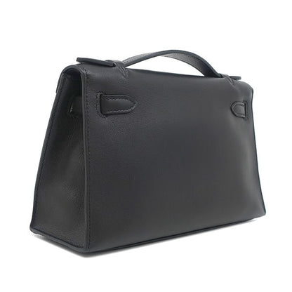 Hermes Handbag Pochette Kelly Evergrain Black Silver Hardware Black Mini Bag L